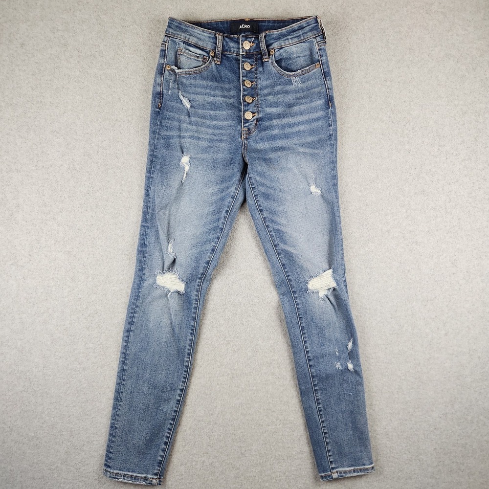 Aero Super High‎ Rise Skinny Jeans Women's Size 2 Distressed Button Fly Stretch